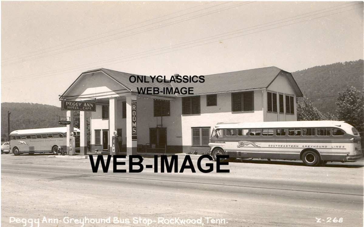 1950 GREYHOUND BUS TEXACO TEXACO GAS STATION GLOBE PUMP CAFE PHOTO Peggy Ann Truck Stop Rockwood Tn
