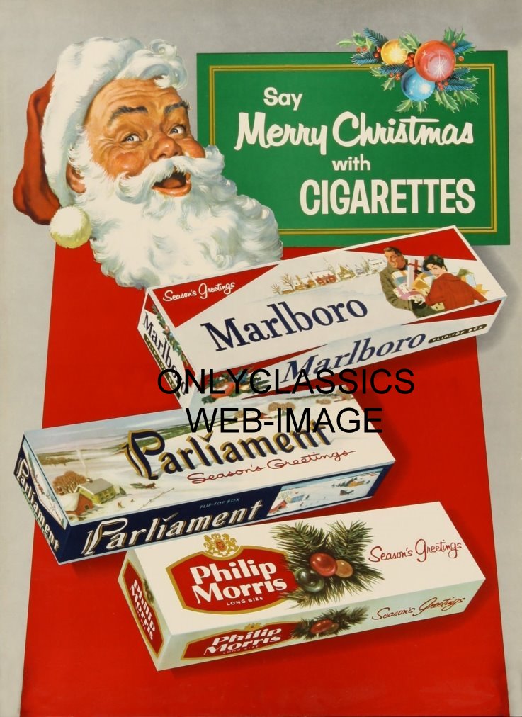SANTA CLAUS SAY'S MERRY CHRISTMAS WITH CIGARETTES OLD VINTAGE